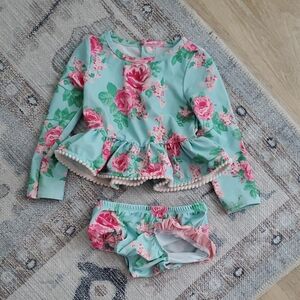 Mud Pie Baby Girl Long Sleeve Floral Ruffle Long Sleeve 2-piece Swimsuit Sz12-18